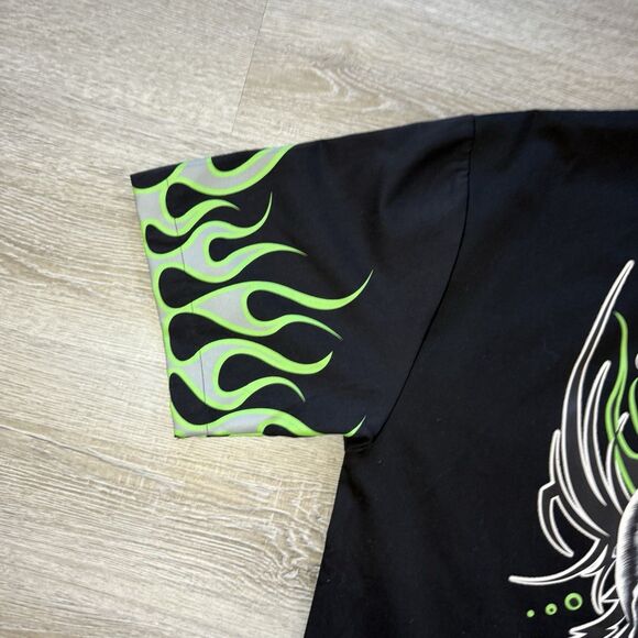 Y2K Dragonfly Button Down Shirt Size XL "RIDE HARD RIDE FREE" Skull Flames - Picture 7 of 10